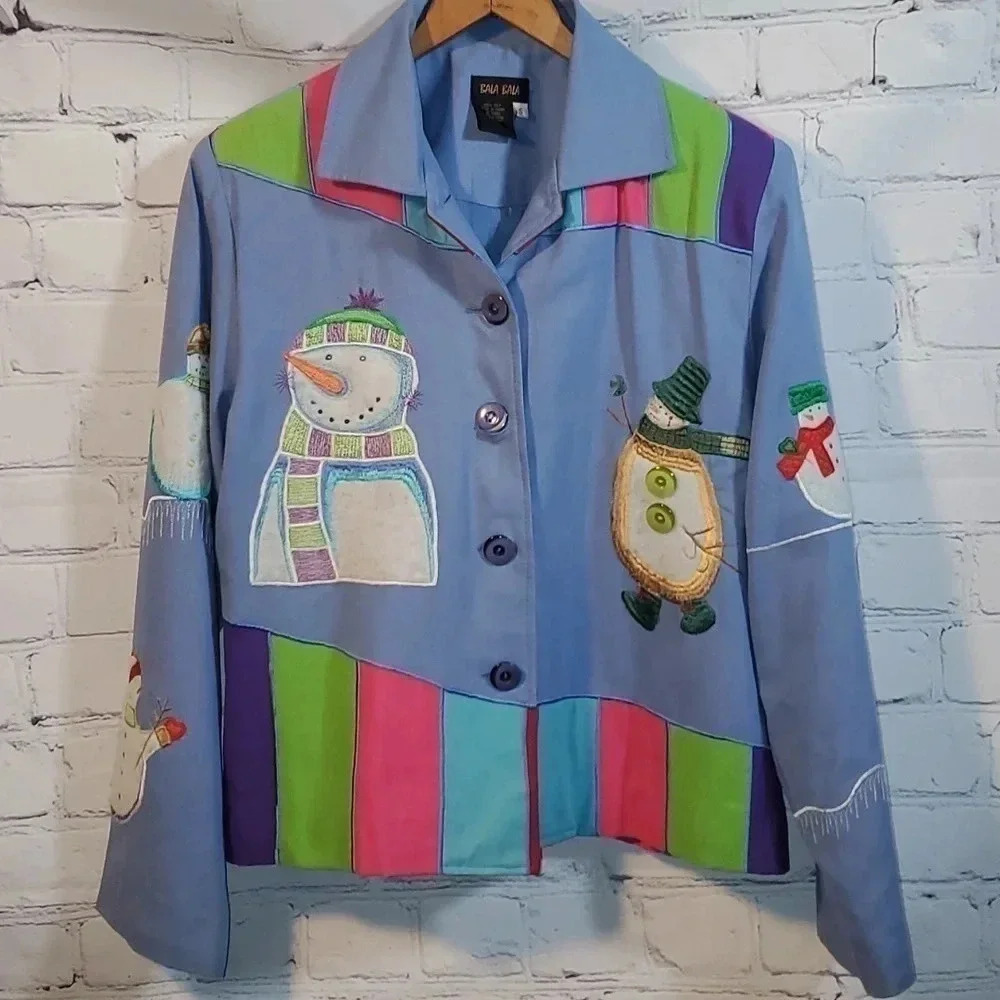 Ugly Christmas VTG Bala Bala Snowman Jacket 100% Silk Size S